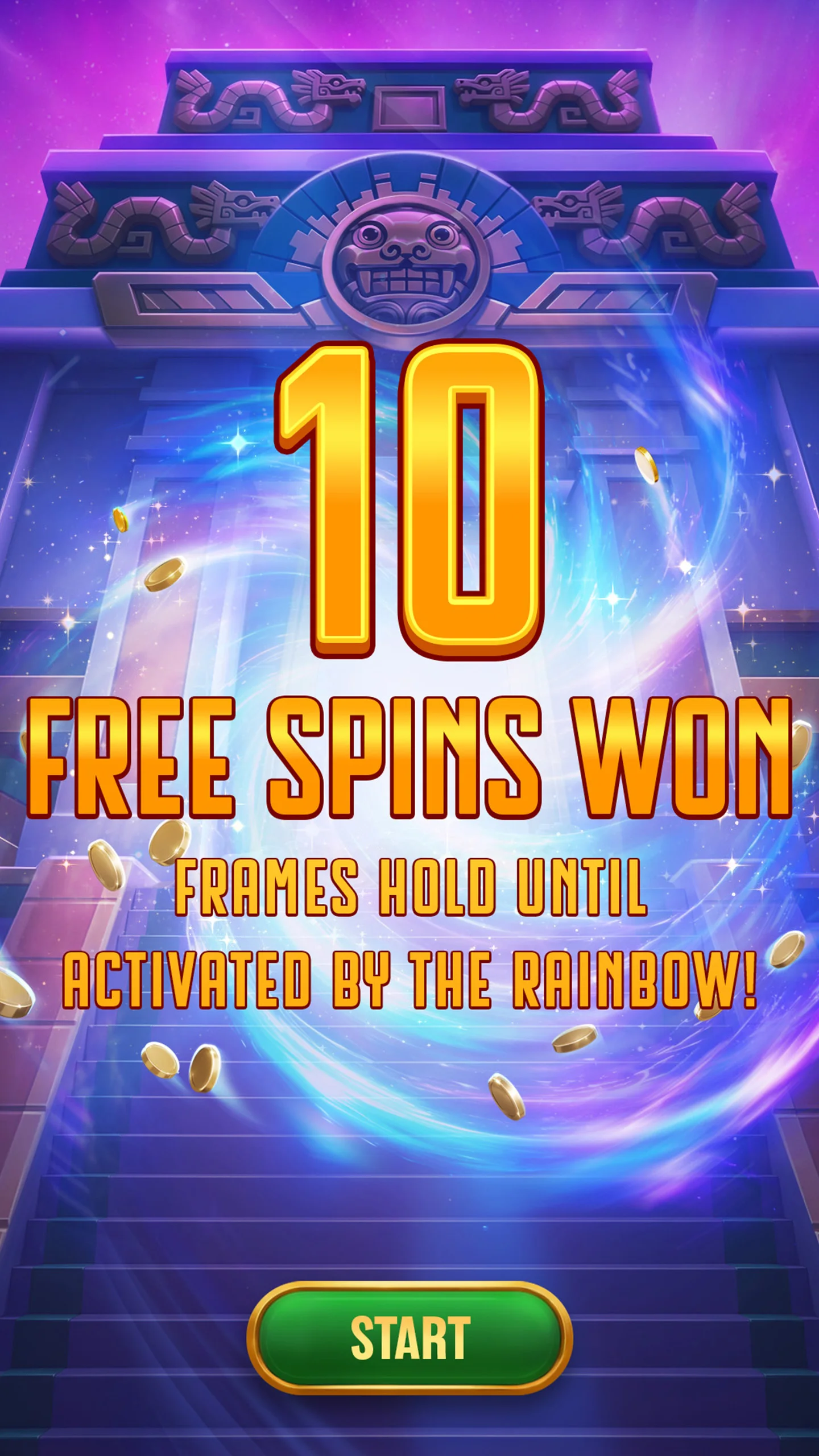 Free spins award: 10 free spins won, with a Start button