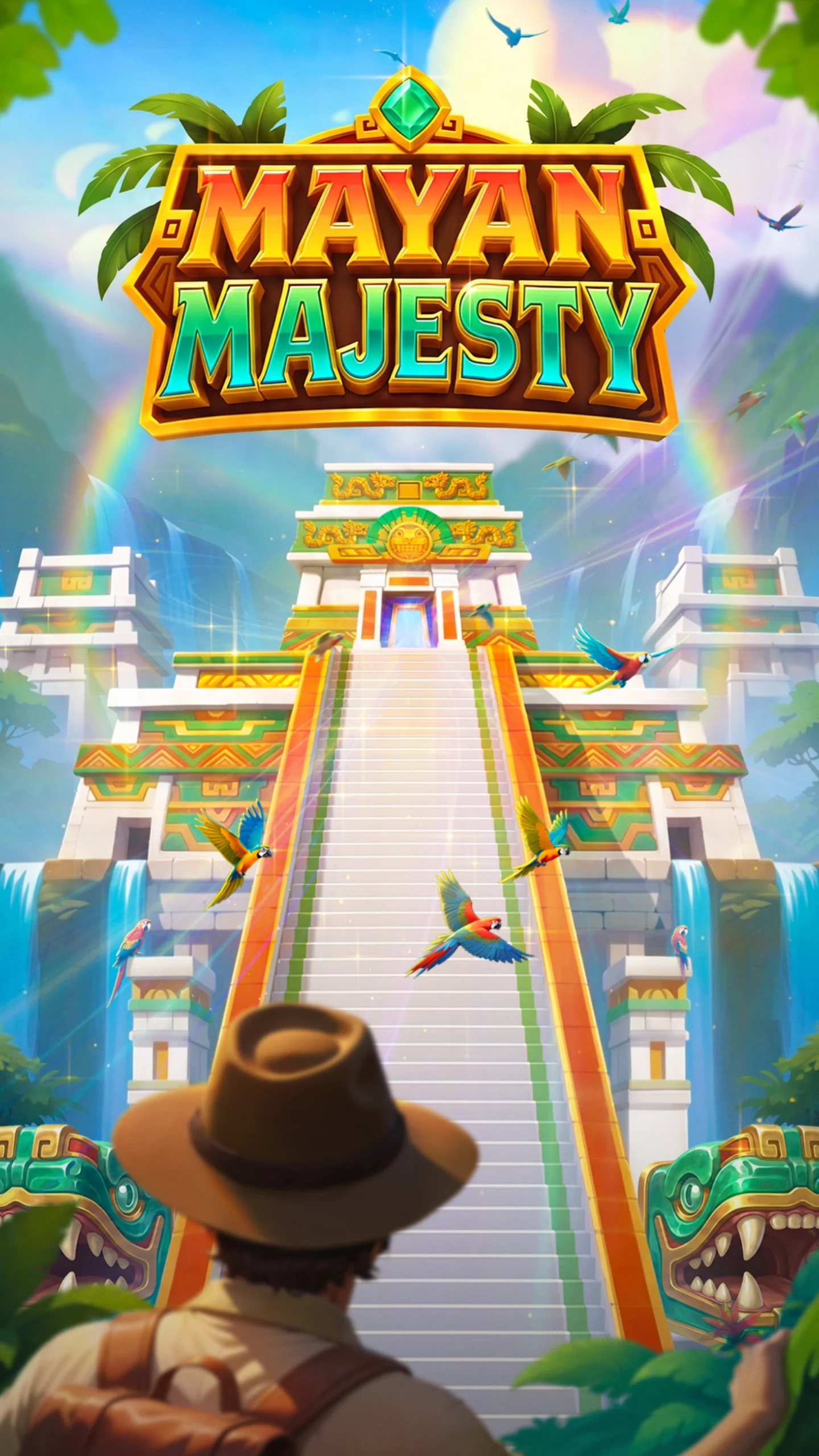 Mayan Majesty title art: an explorer at the foot of the temple stairway