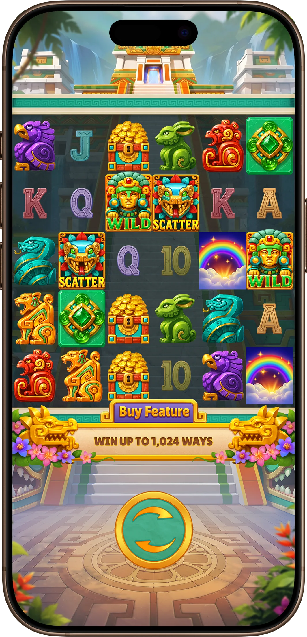 Base game on a phone: jade and gold Maya symbols in front of the temple