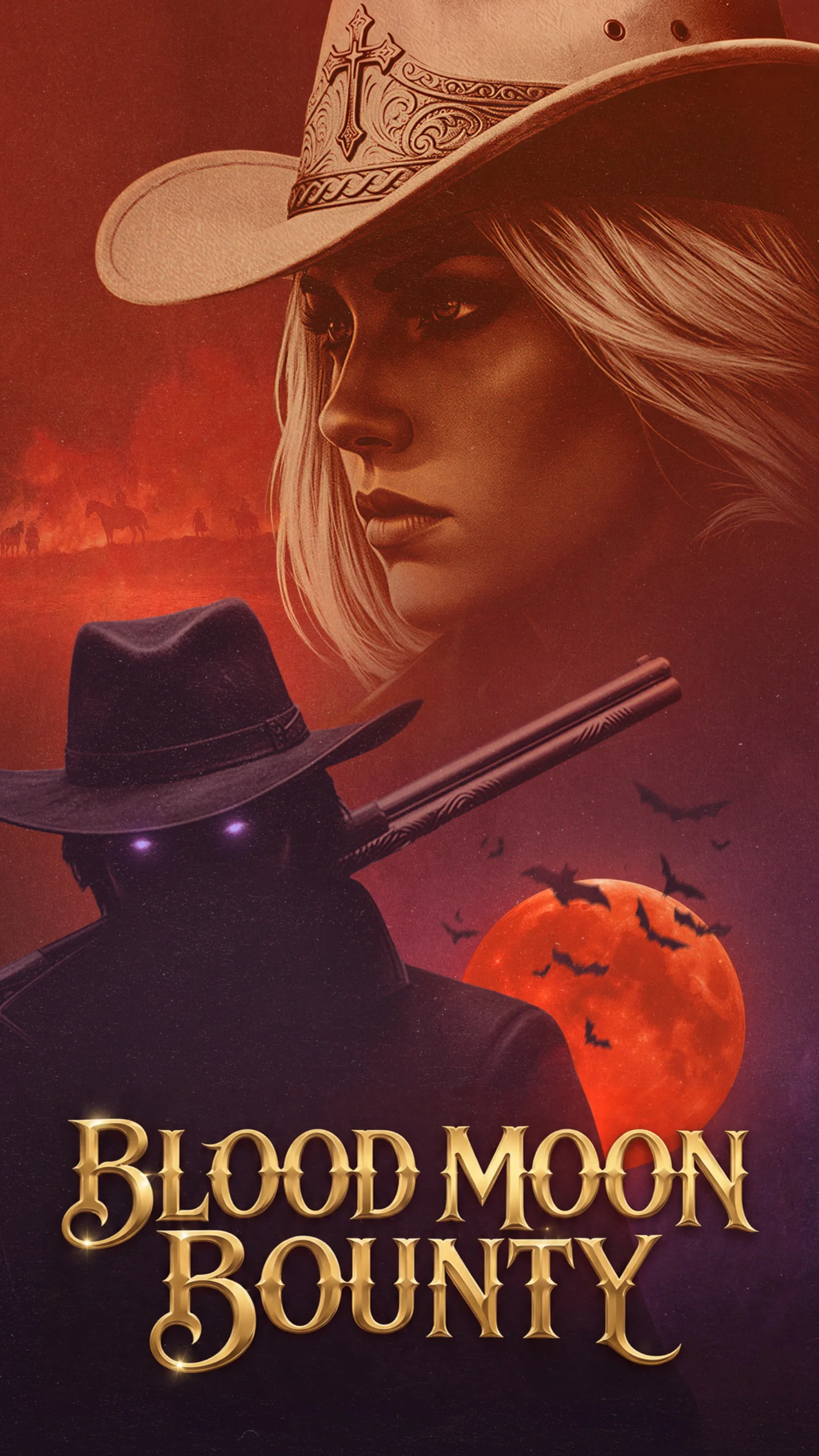 Blood Moon Bounty title art: a bounty hunter in a wide hat under a red moon