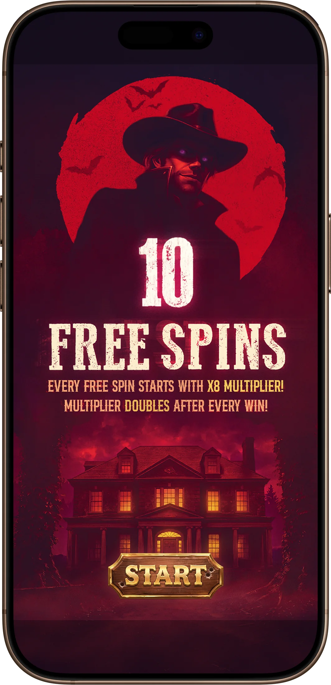 Free spins intro on a phone: 10 free spins, each starting with an x8 multiplier