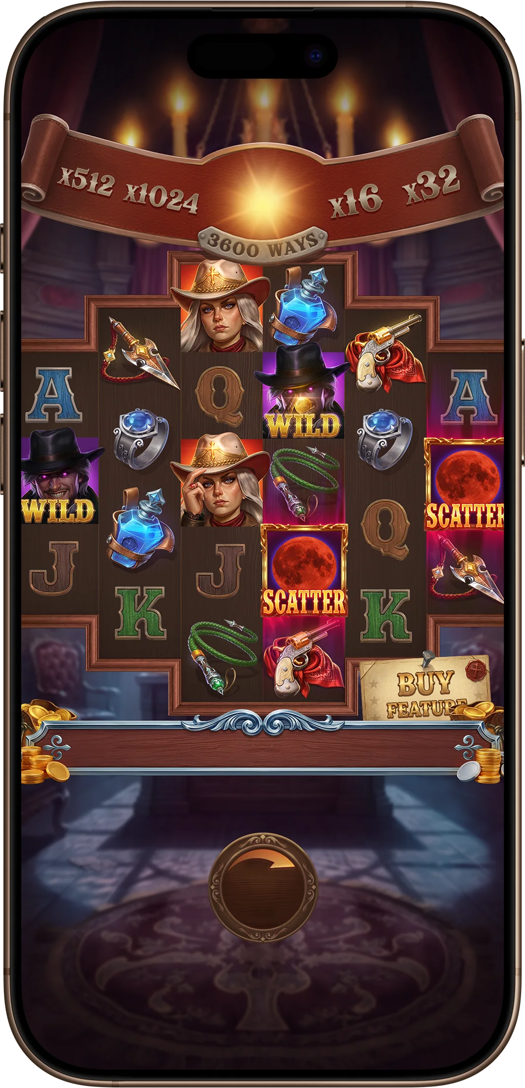 Base game on a phone, reels in a candlelit saloon