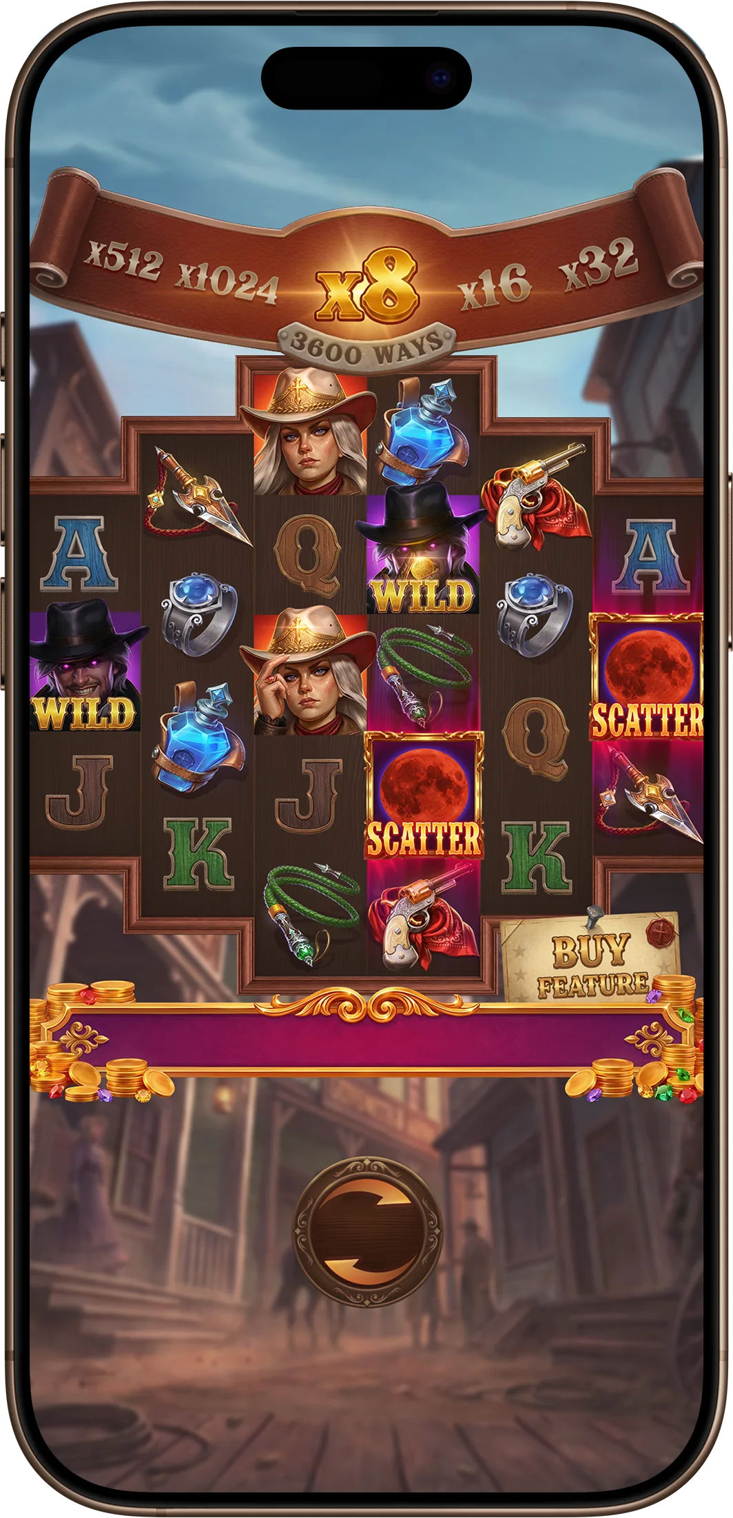 Free spins on a phone, reels on the town street with the x8 multiplier lit