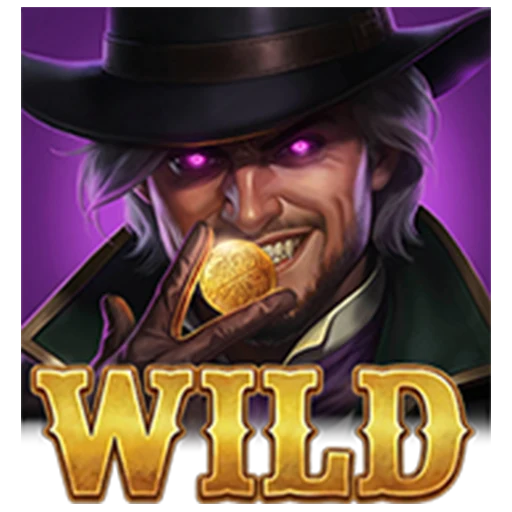 Masked outlaw biting a gold coin over the Wild banner