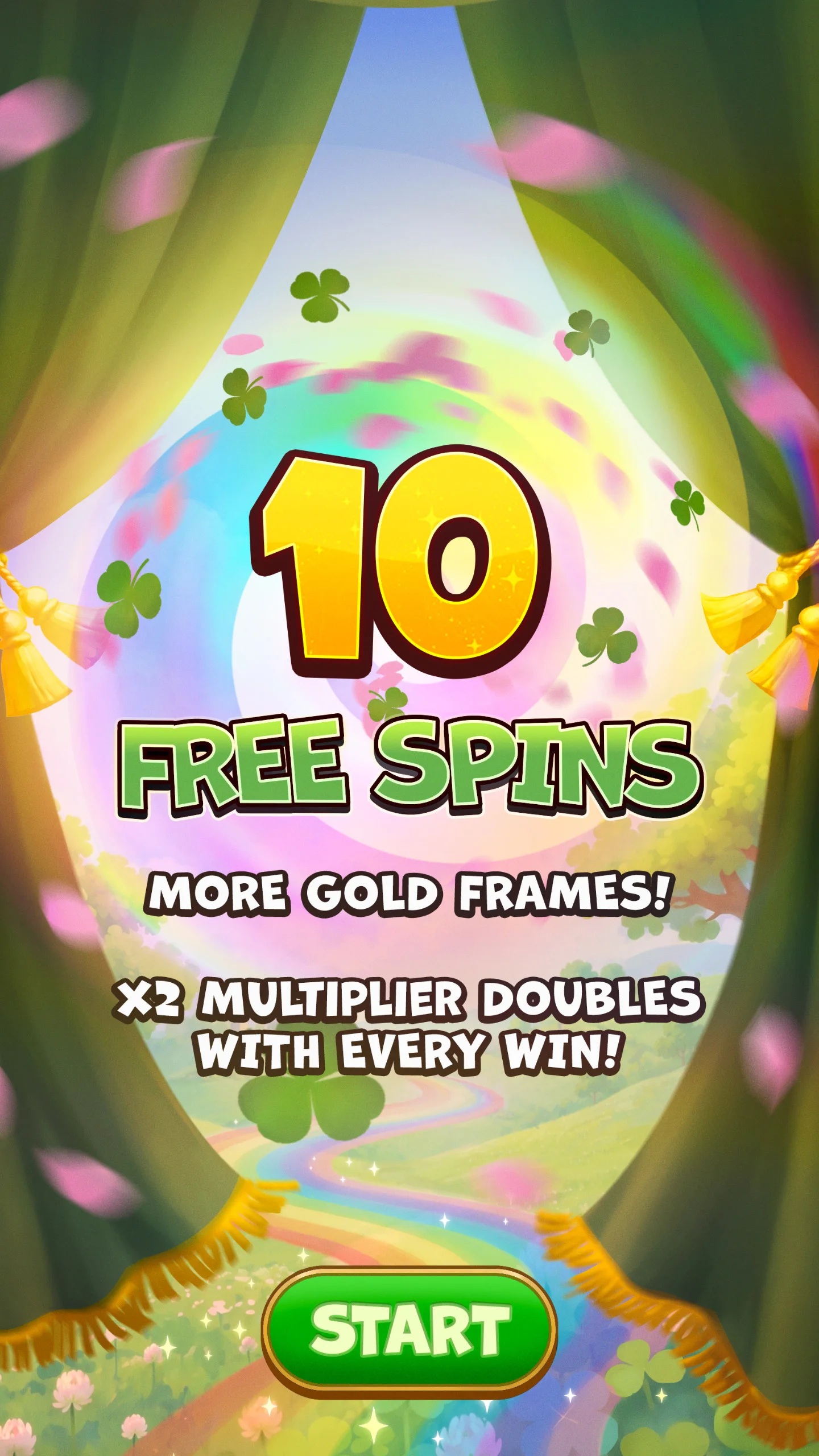 Free spins award: 10 free spins, with a Start button