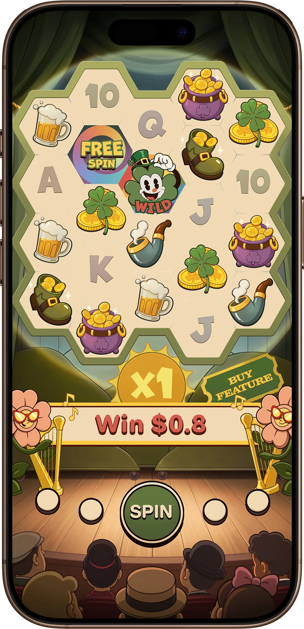 Base game on a phone: clover-framed reels, a win of $0.80 and the spin button