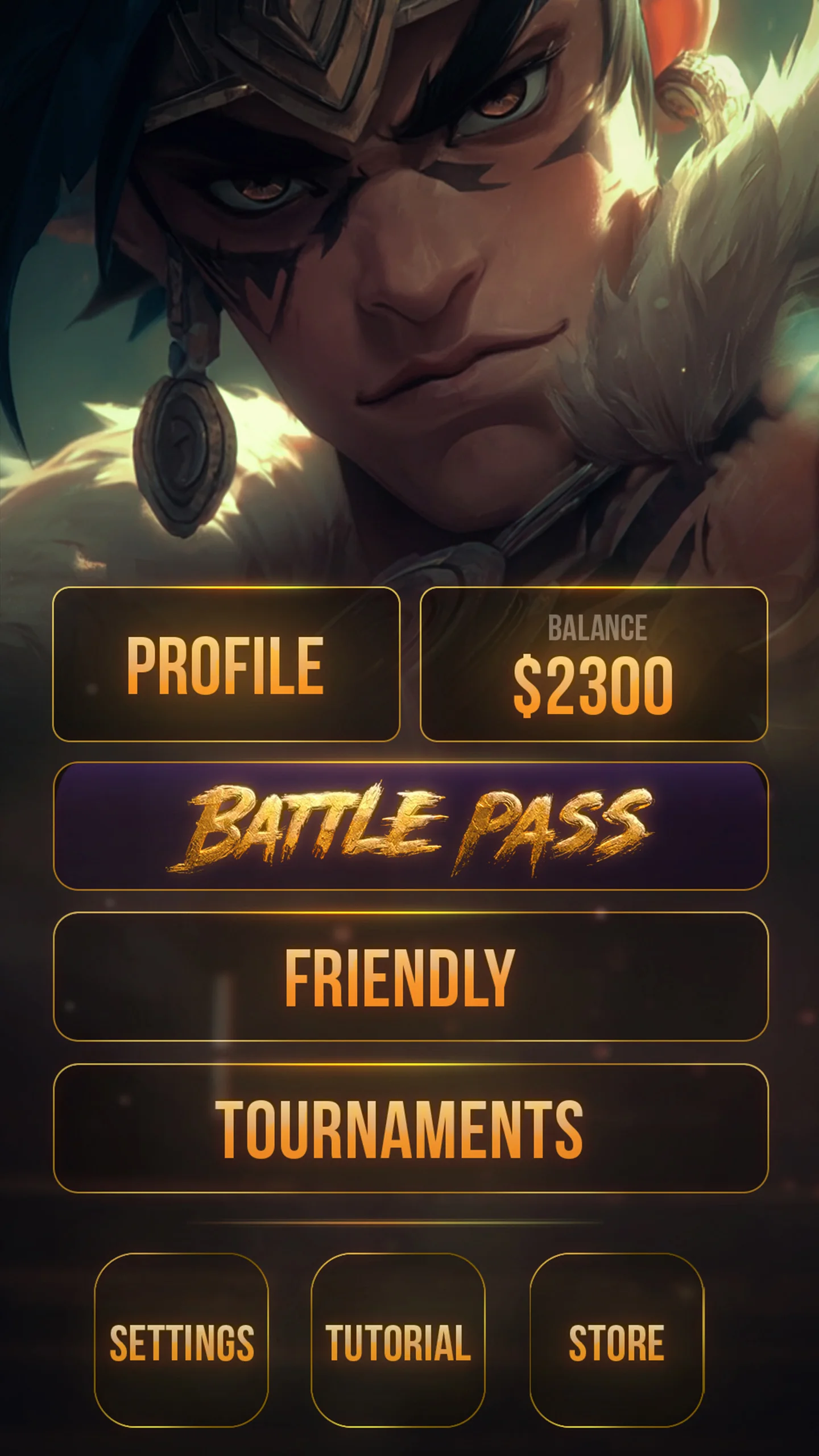 Main menu: profile, battle pass, friendly matches and tournaments