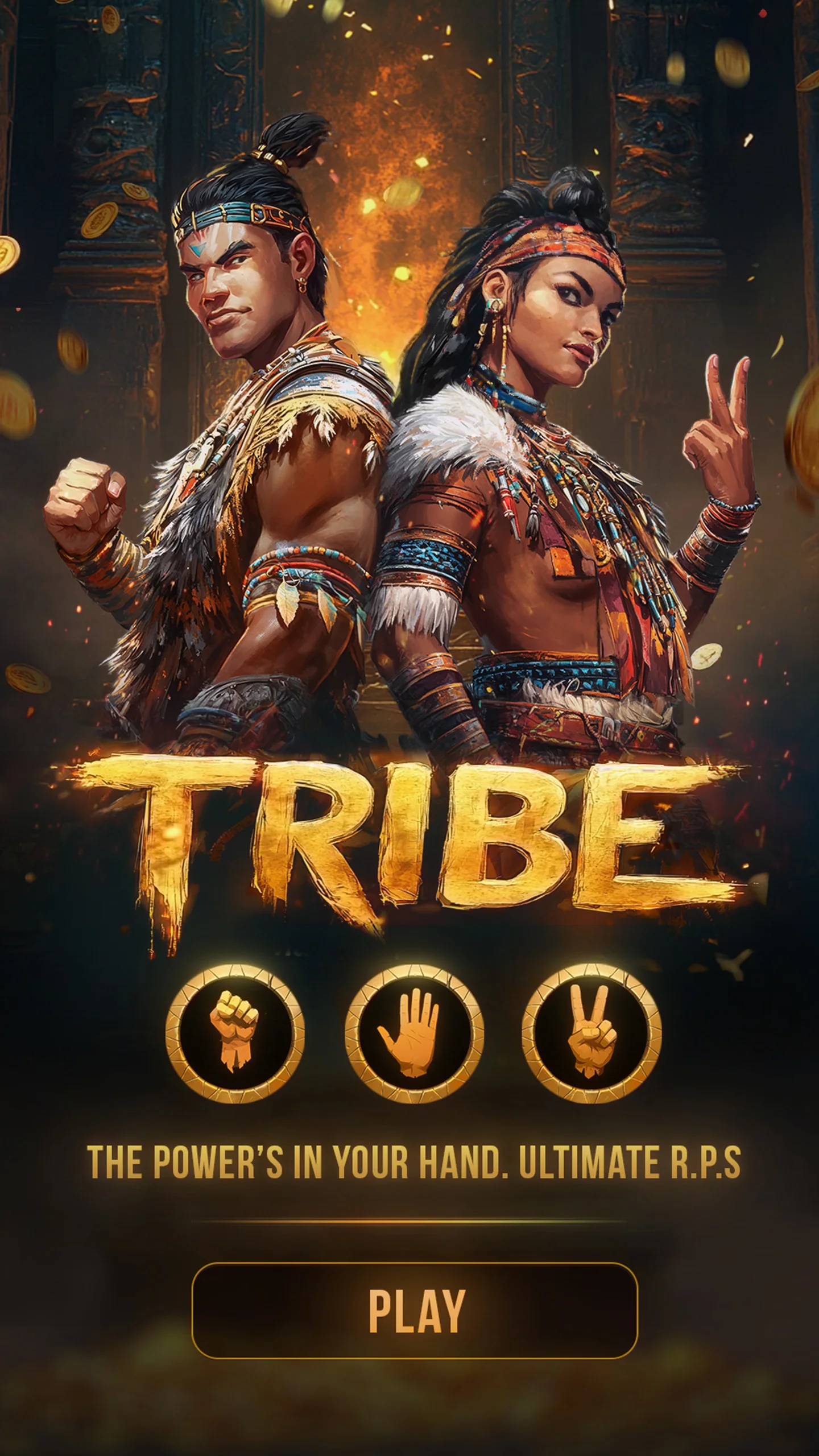 Tribe title art: two fighters above the rock, paper and scissors icons