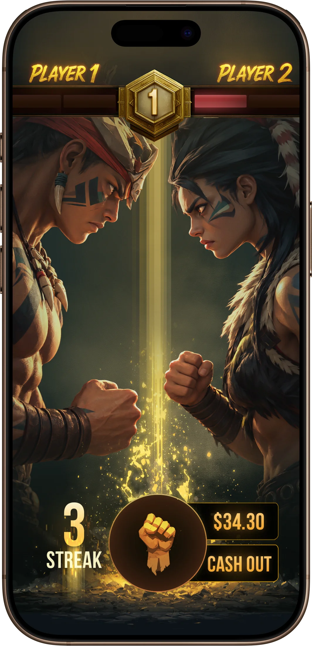 Match screen on a phone: two players face off on a streak of 3