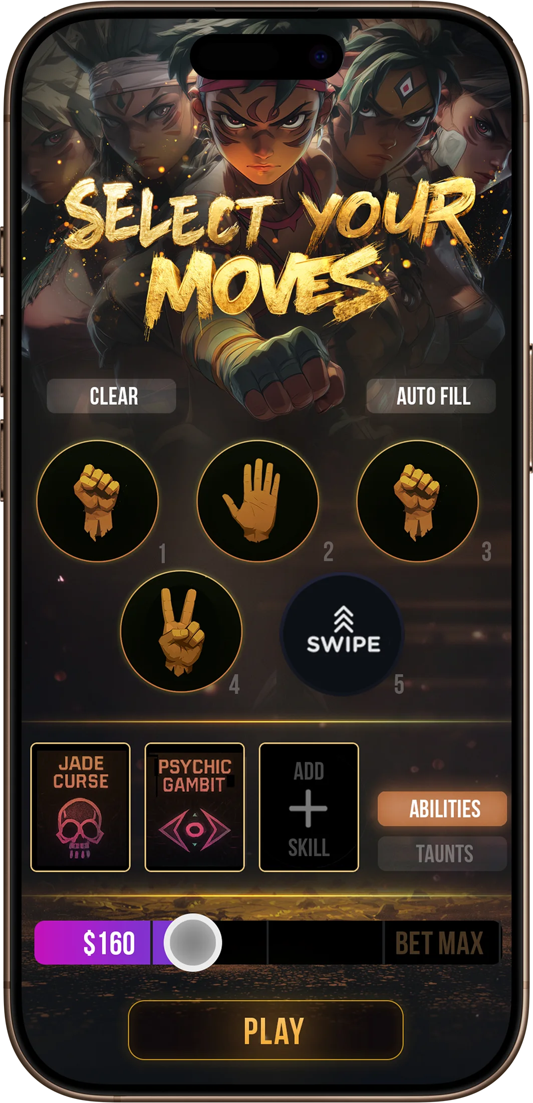 Move select on a phone: rock, paper, scissors and special abilities