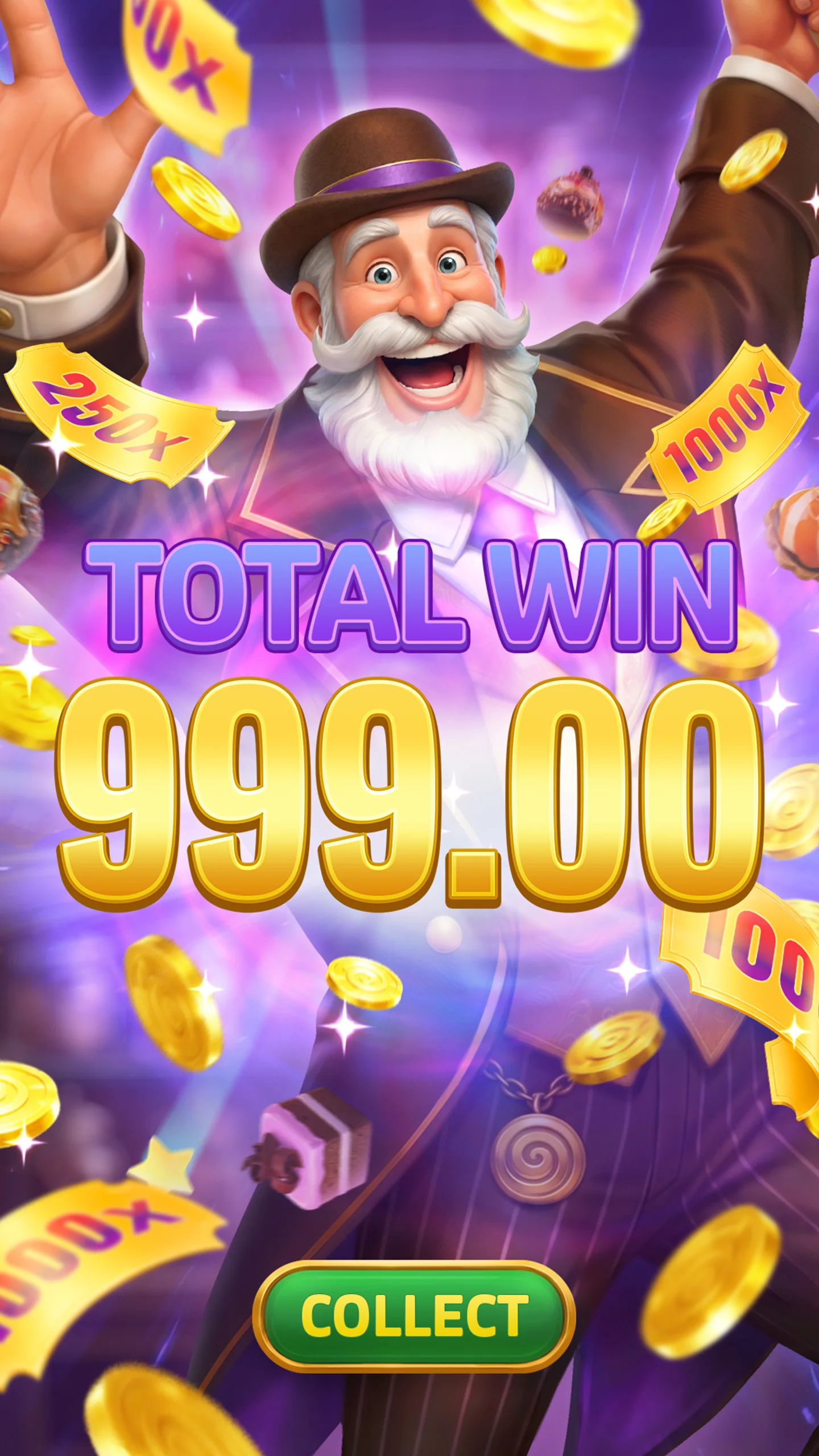Total win screen: 999.00, with a Collect button