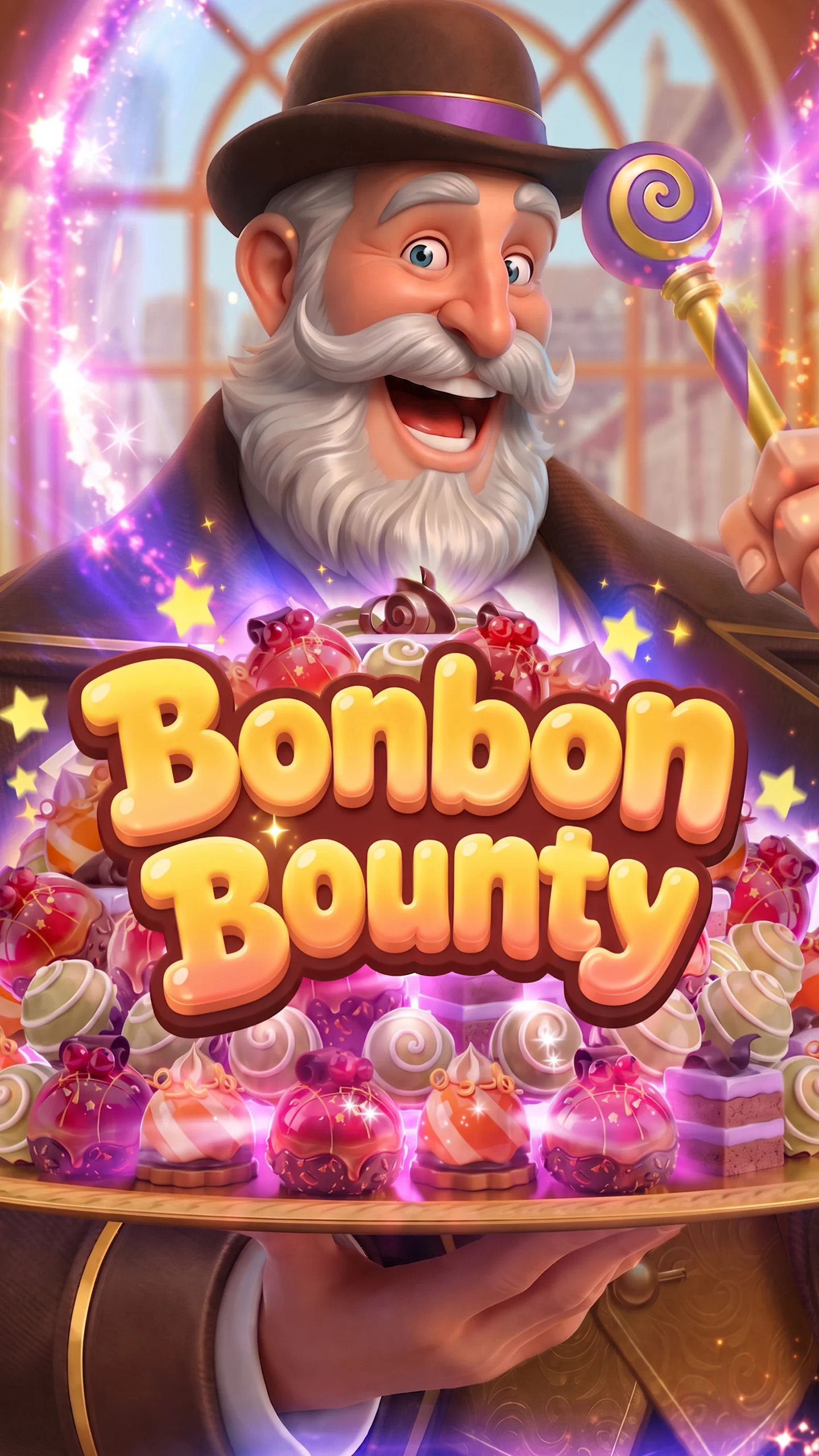 Bonbon Bounty title art: the confectioner holding a tray of cakes