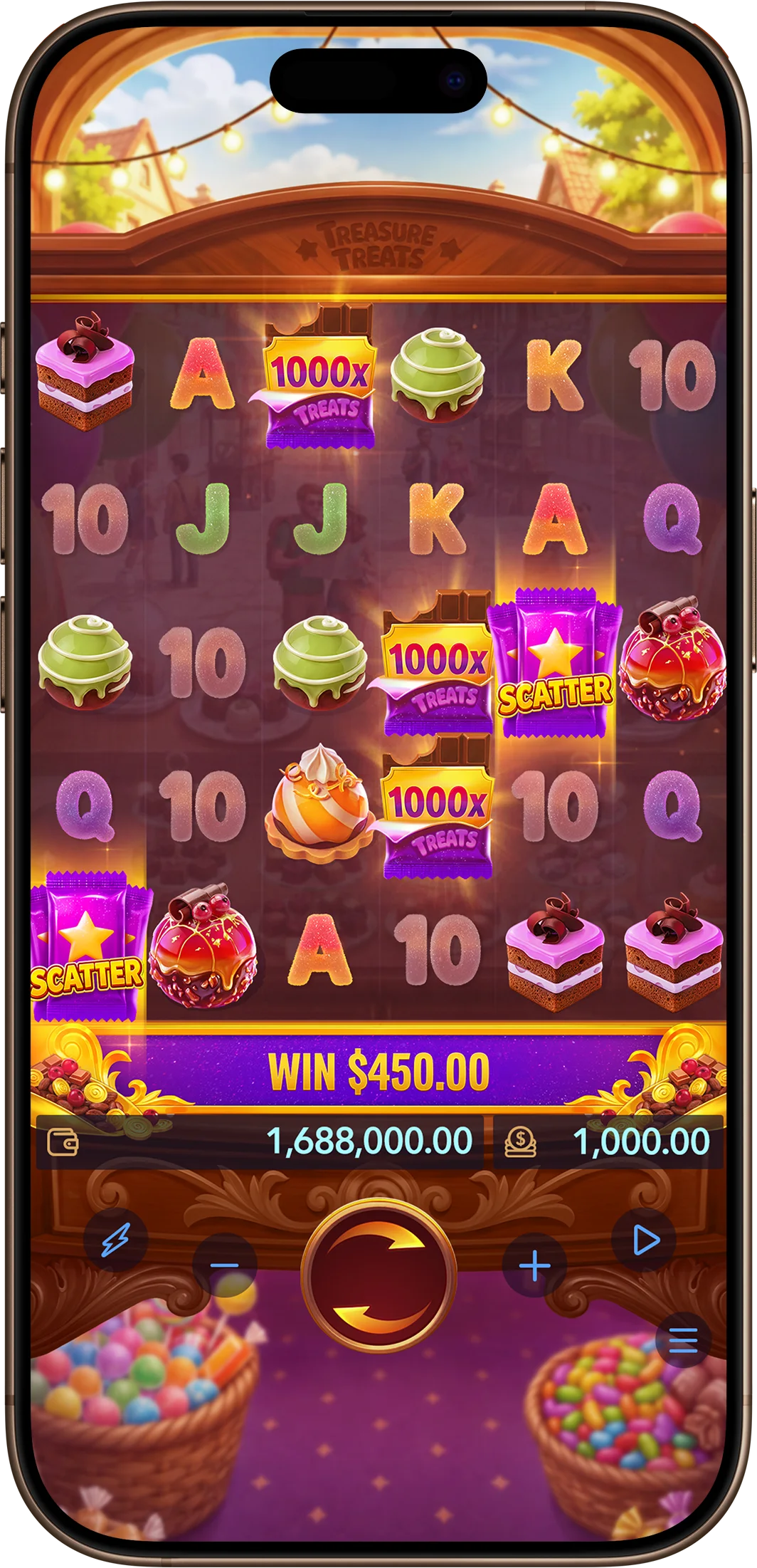 Base game on a phone: a grid of cakes, sweets and jelly letters